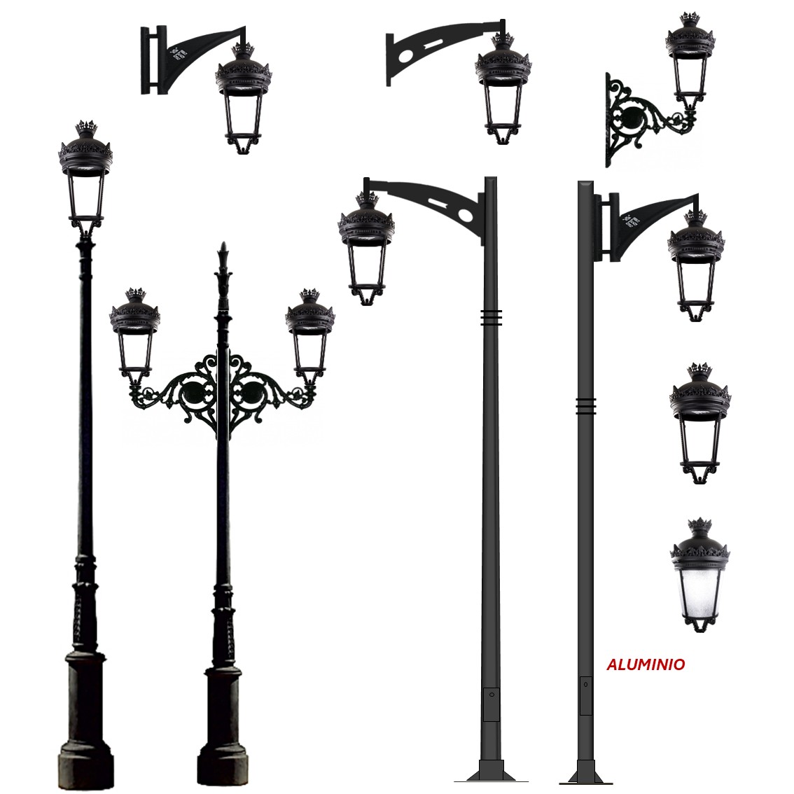 Farol Ecofernandino LED en diferentes configuraciones de montaje sobre columnas y brazos para alumbrado público