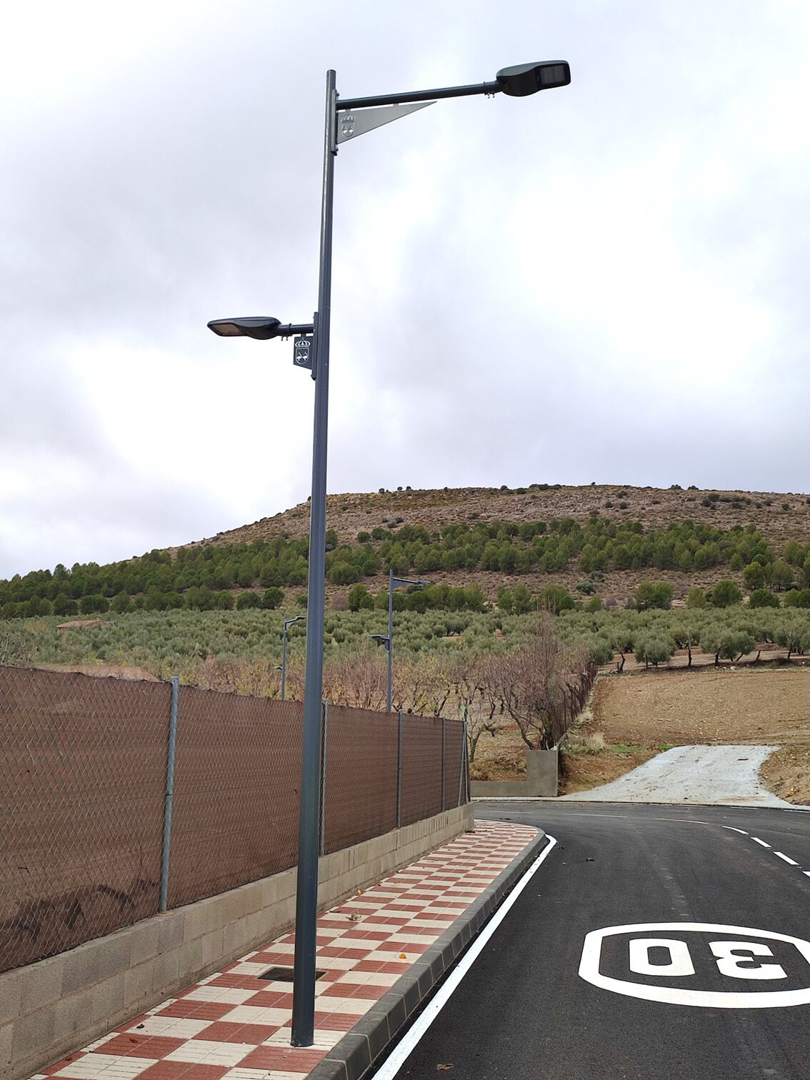 luminaria bora H9 instalada en un entorno urbano junto a un brazo granada