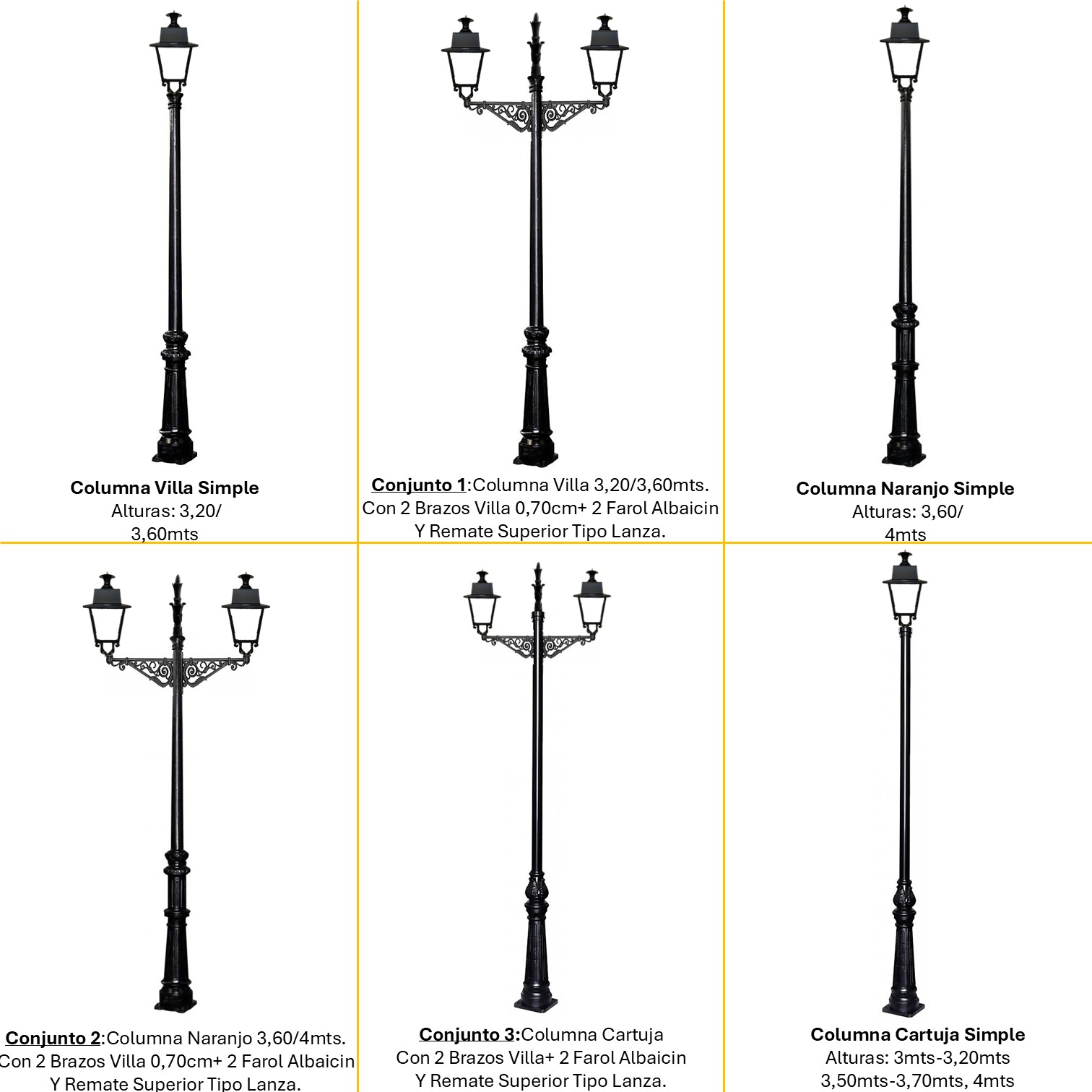 Distintas configuraciones de alumbrado público con Farol Albaicin LED, columnas decorativas y brazos ornamentales