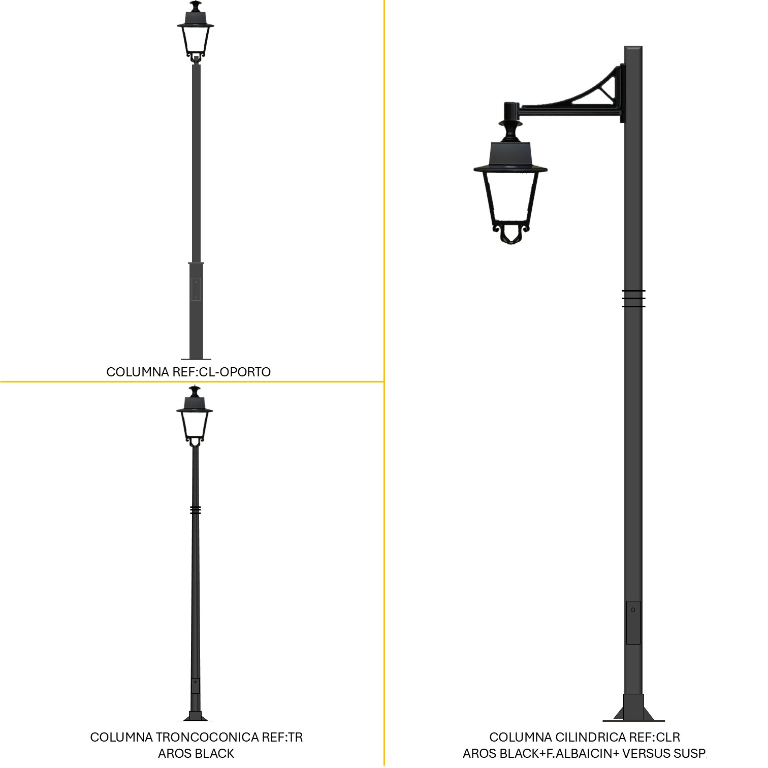 Distintas configuraciones de alumbrado público con Farol Albaicin LED, columnas decorativas y brazos ornamentales
