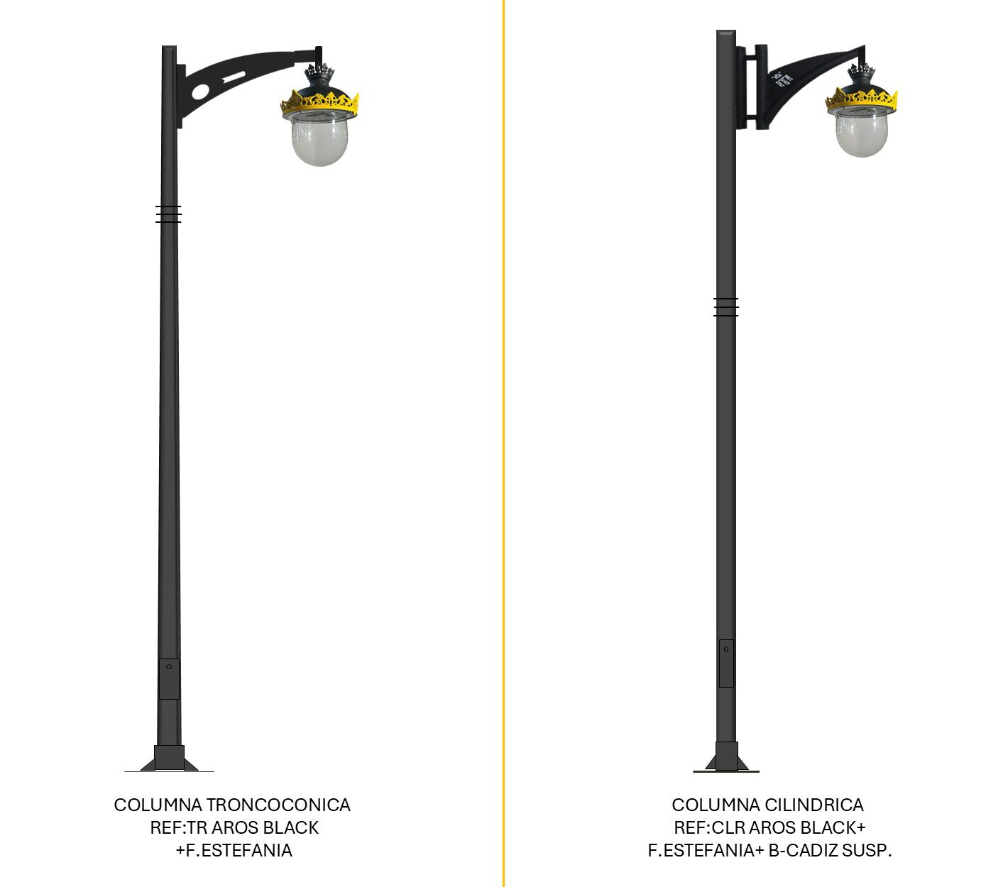 Distintas configuraciones de alumbrado público con Farol estefania LED, columnas decorativas y brazos ornamentales