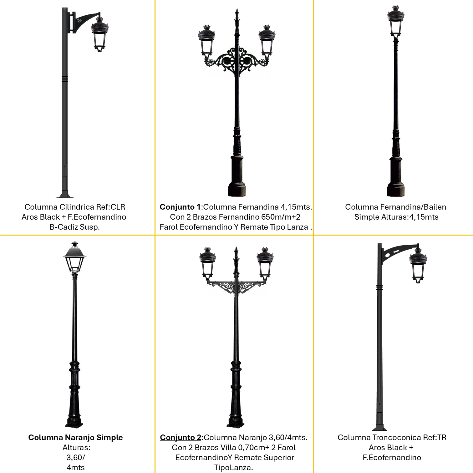 Distintas configuraciones de alumbrado público con Farol Ecofernandino LED, columnas decorativas y brazos ornamentales