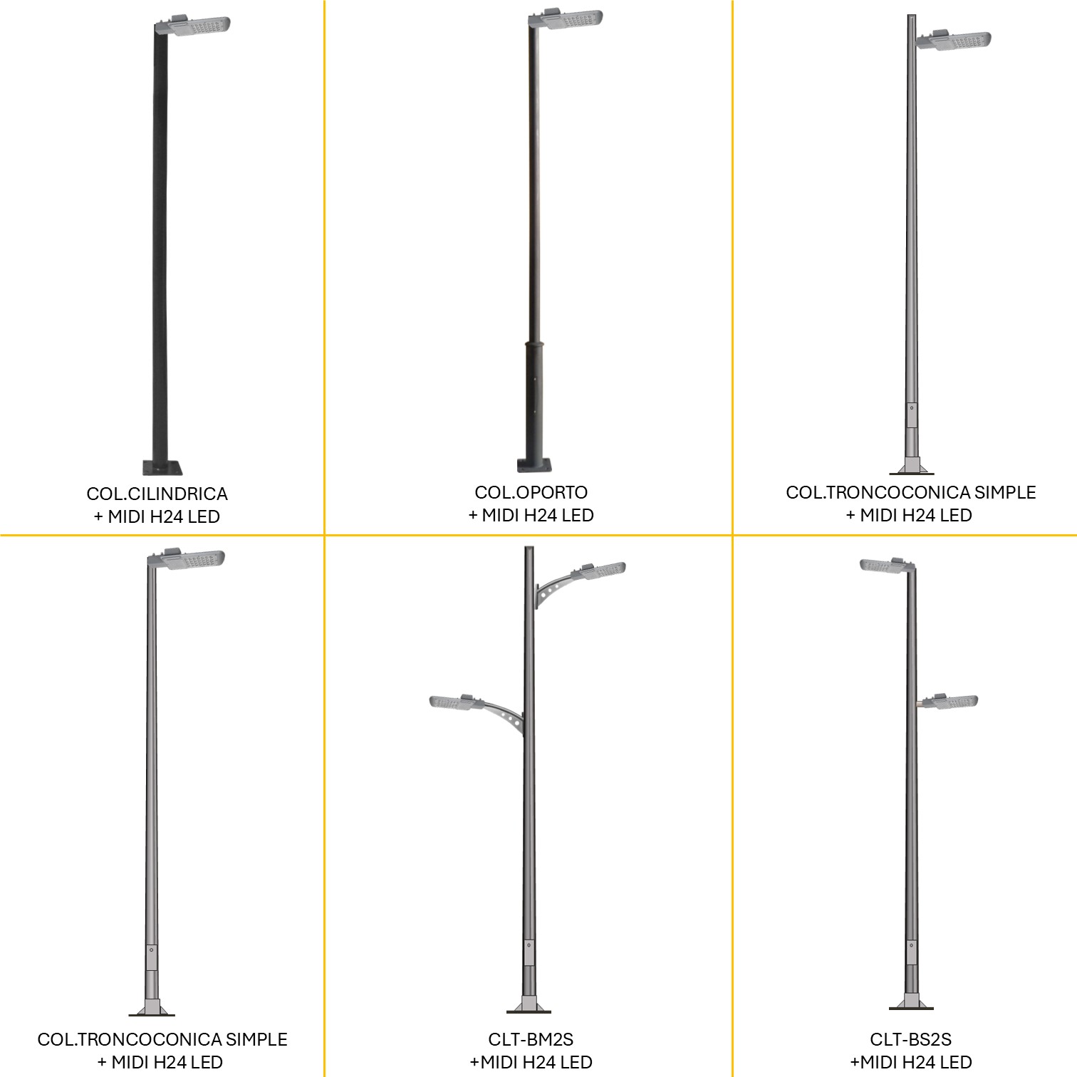 Distintas configuraciones de alumbrado público con luminaria MIDI con columnas decorativas y brazos ornamentales