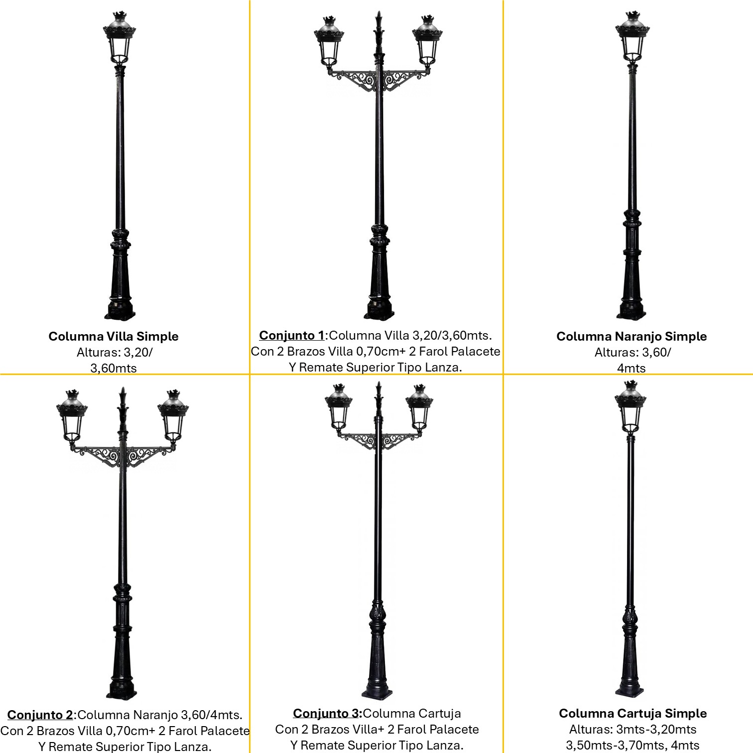 Distintas configuraciones de alumbrado público con Farol Palacete LED, columnas decorativas y brazos ornamentales