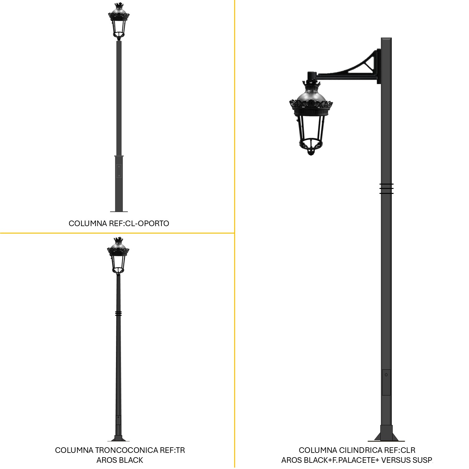 Distintas configuraciones de alumbrado público con Farol Palacete LED, columnas decorativas y brazos ornamentales