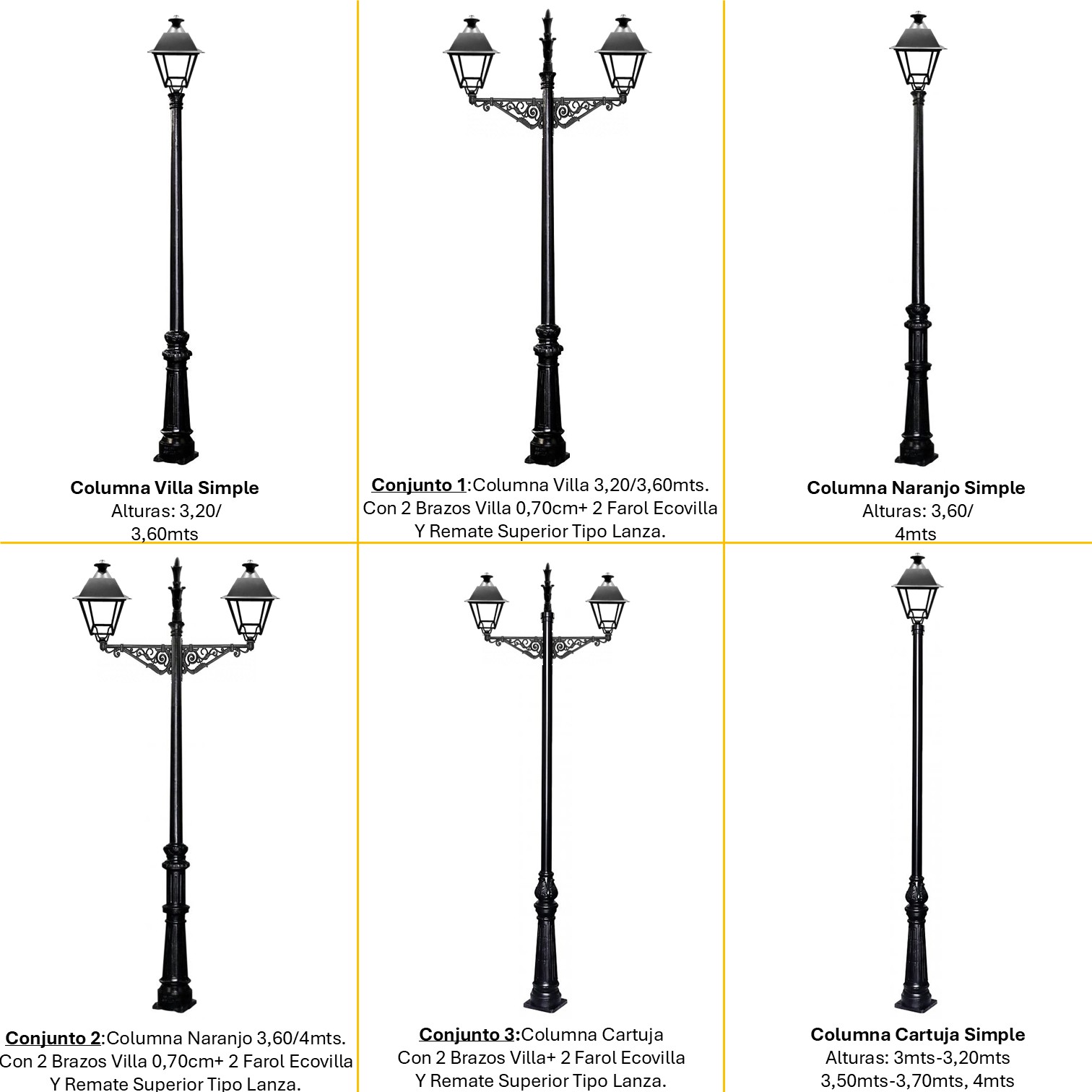 Distintas configuraciones de alumbrado público con Farol Ecovilla LED, columnas decorativas y brazos ornamentales