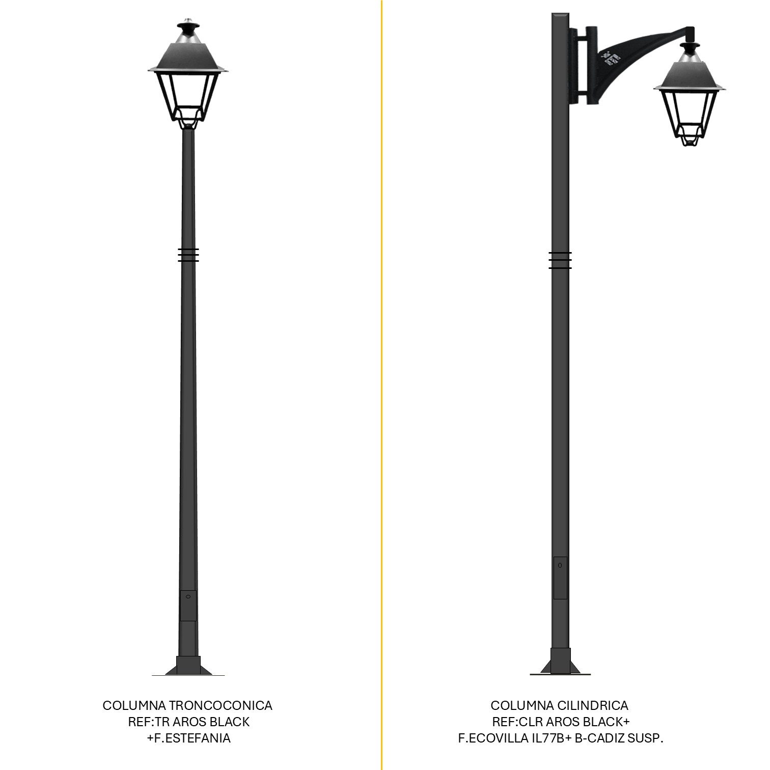 Distintas configuraciones de alumbrado público con Farol Ecovilla LED, columnas decorativas y brazos ornamentales