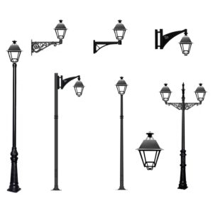 Farol Ecovilla LED en diferentes configuraciones de montaje sobre columnas y brazos para alumbrado público
