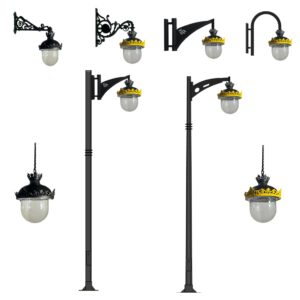 Farol Estefania LED en diferentes configuraciones de montaje sobre columnas y brazos para alumbrado público