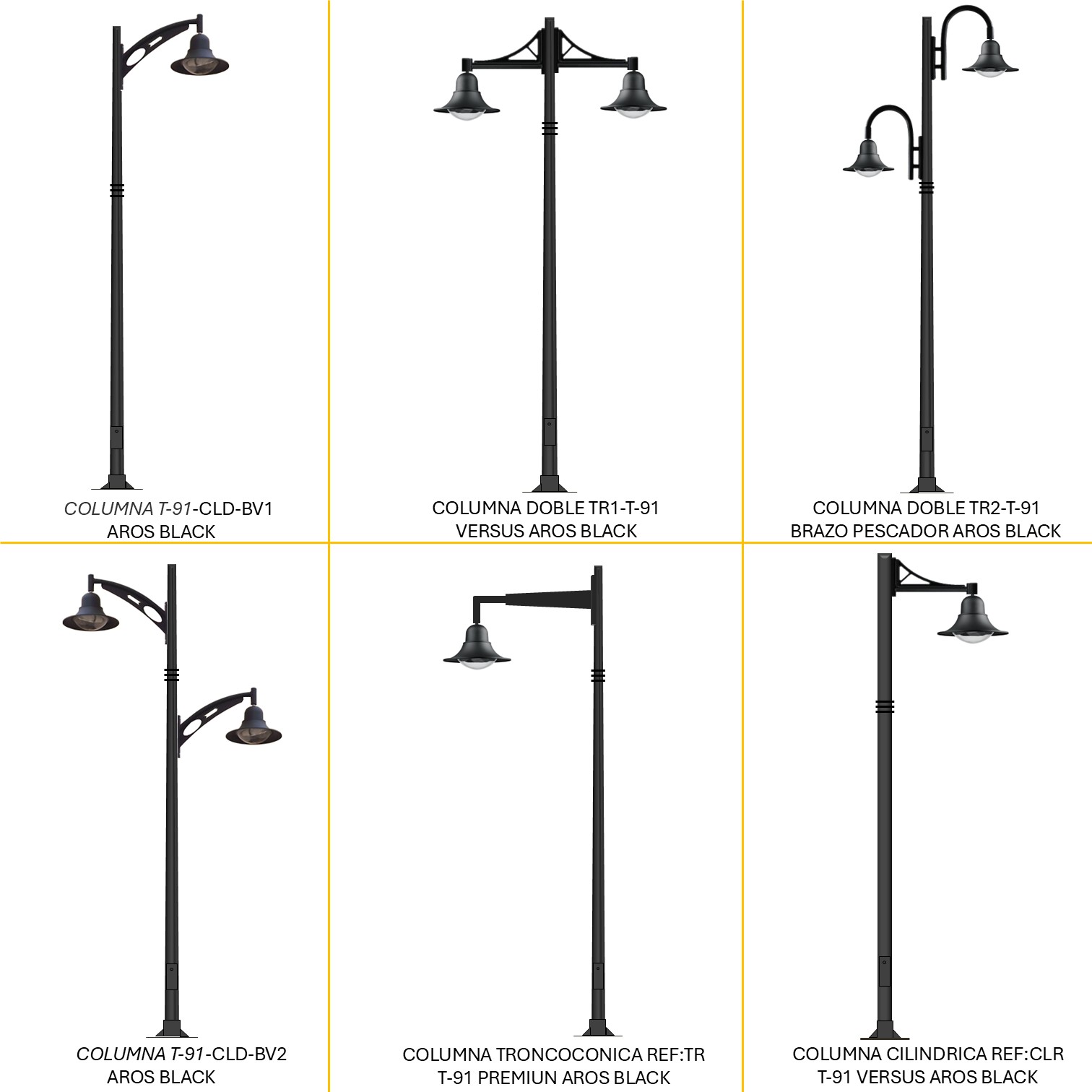 Distintas configuraciones de alumbrado público con Luminaria Pescador T-91, columnas decorativas y brazos ornamentales