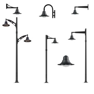 Luminaria Pescador T-91 en diferentes configuraciones de montaje para alumbrado público e iluminación exterior