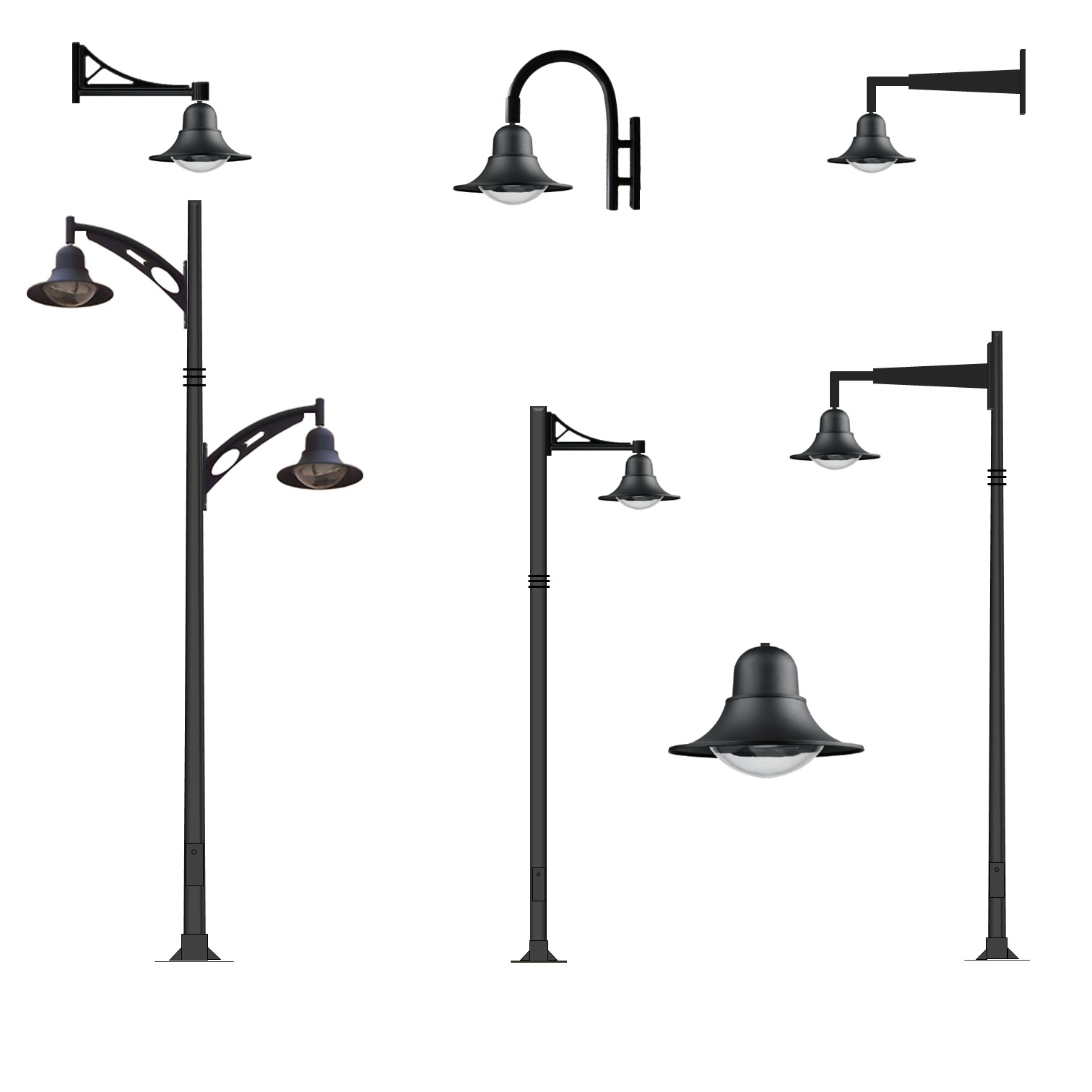 Luminaria Pescador T-91 en diferentes configuraciones de montaje para alumbrado público e iluminación exterior
