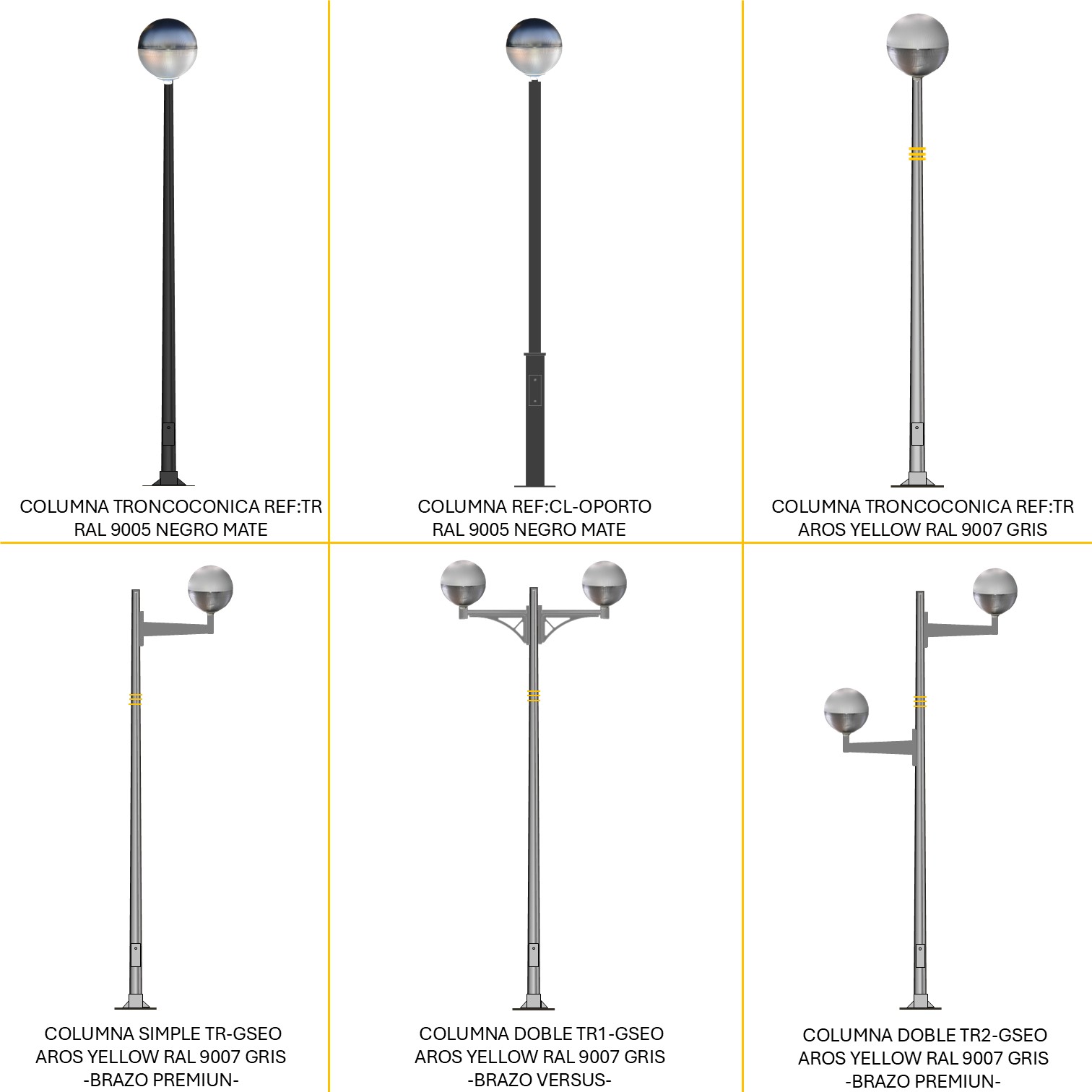 Distintas configuraciones de alumbrado público con luminaria Globo SEO, columnas decorativas y brazos ornamentales