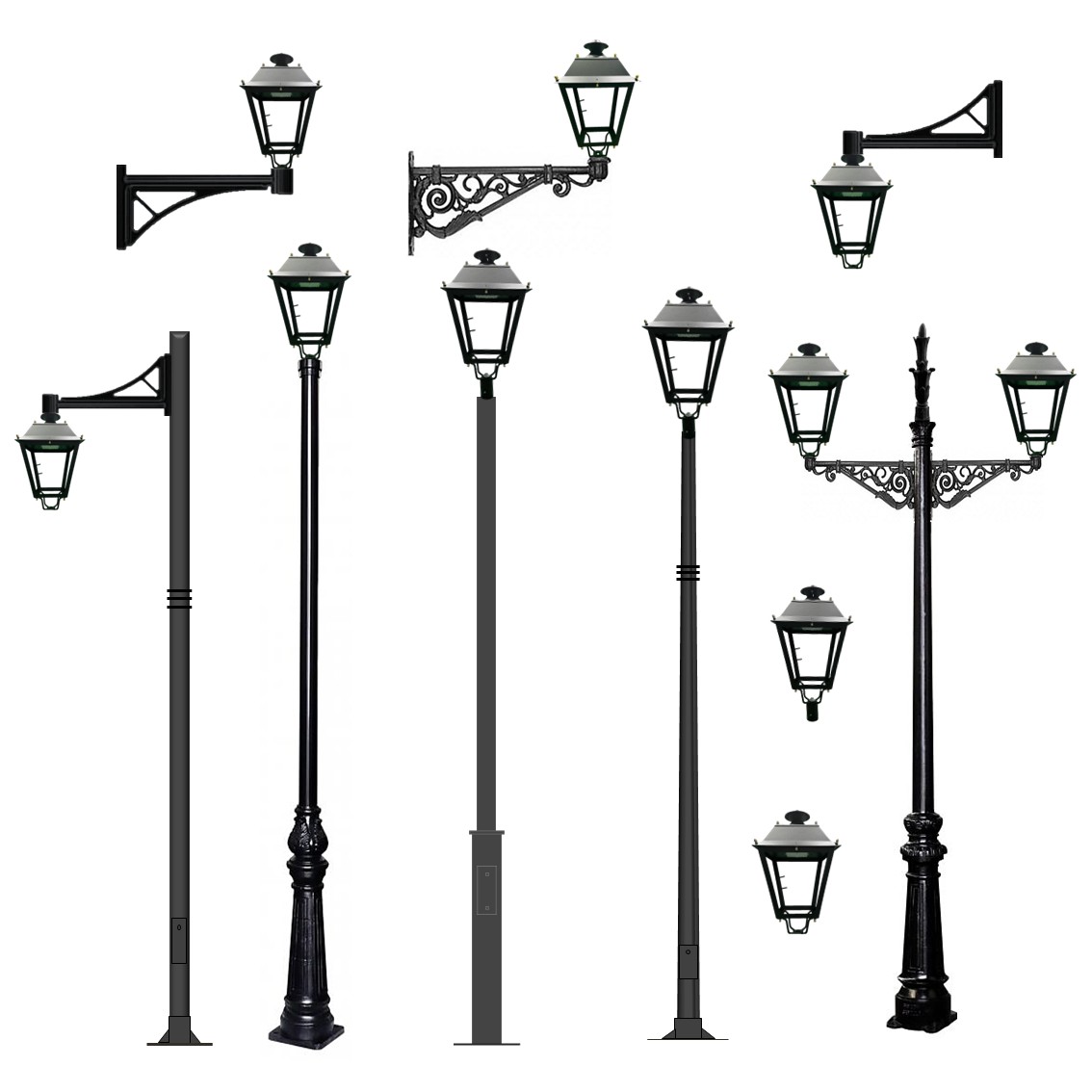 Farol Villa LED 710 mm en diferentes configuraciones de montaje para alumbrado público e iluminación exterior