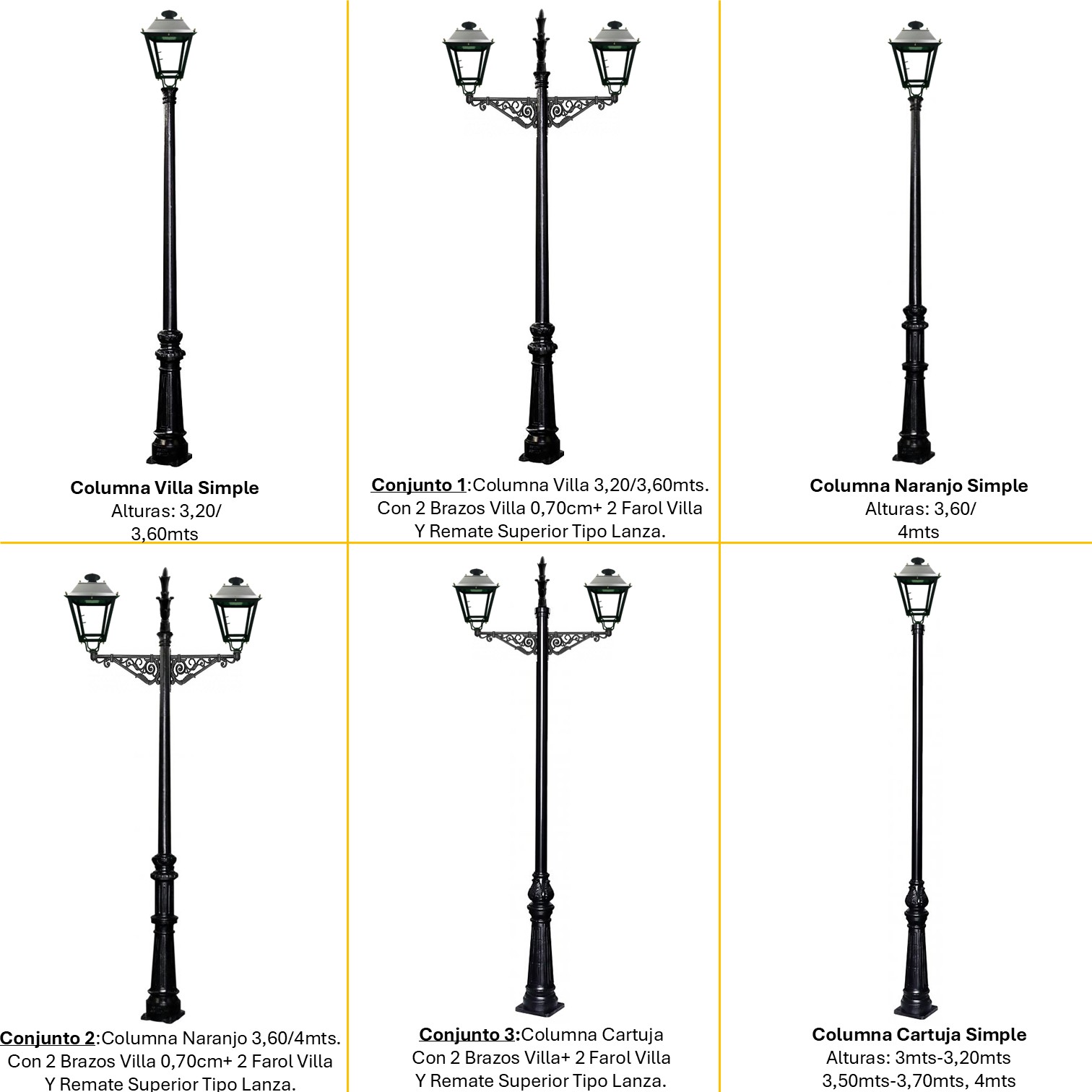 Distintas configuraciones de alumbrado público con Farol Villa LED, columnas decorativas y brazos ornamentales