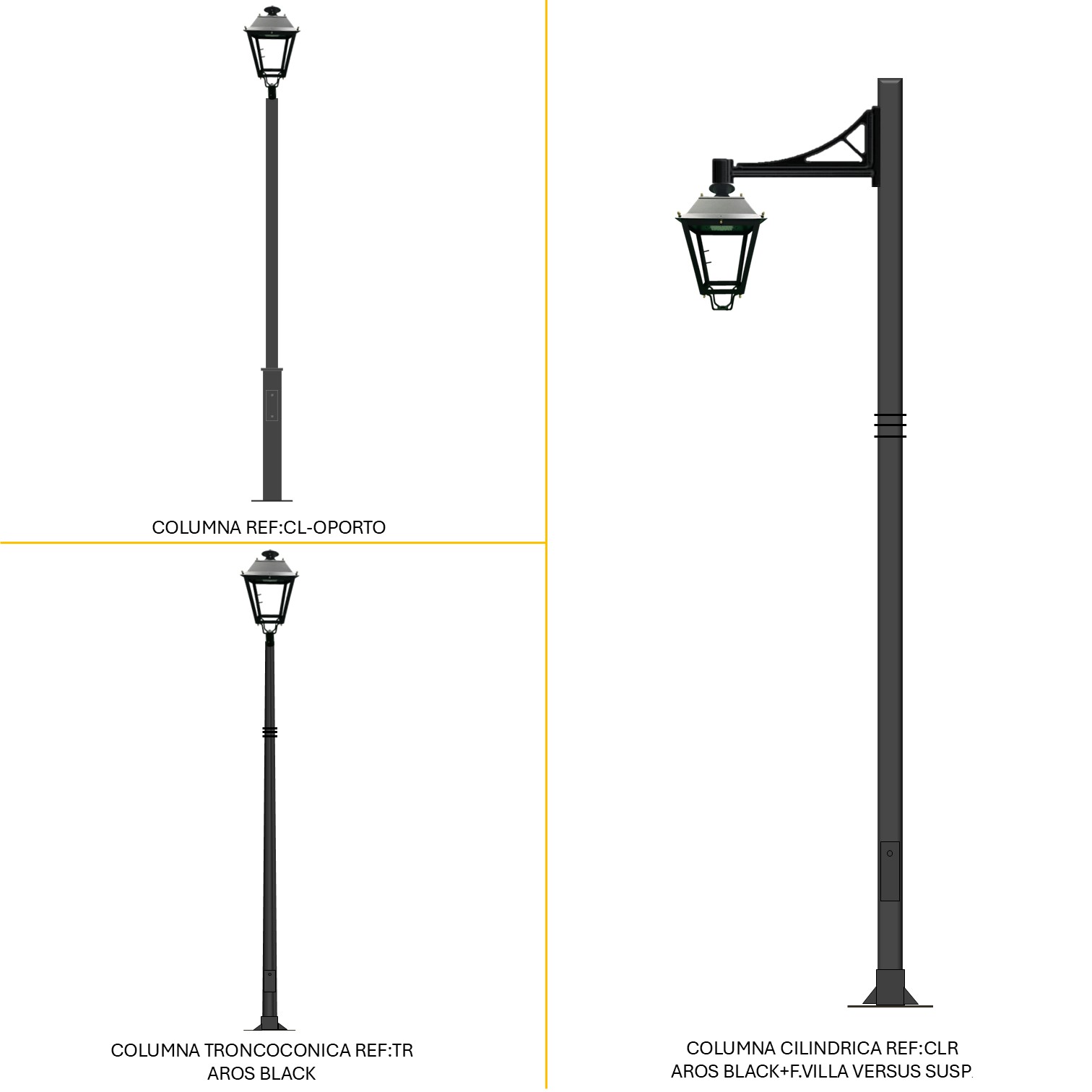 Distintas configuraciones de alumbrado público con Farol Villa LED, columnas decorativas y brazos ornamentales