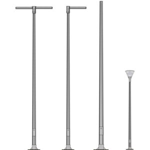 Columnas troncoconicas de diferentes medidas equipadas com crucetas, brazos y luminarias