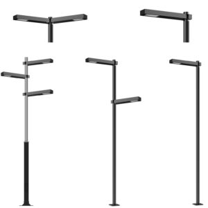 Luminaria venturi T-232RS en diferentes configuraciones de montaje para alumbrado público e iluminación exterior
