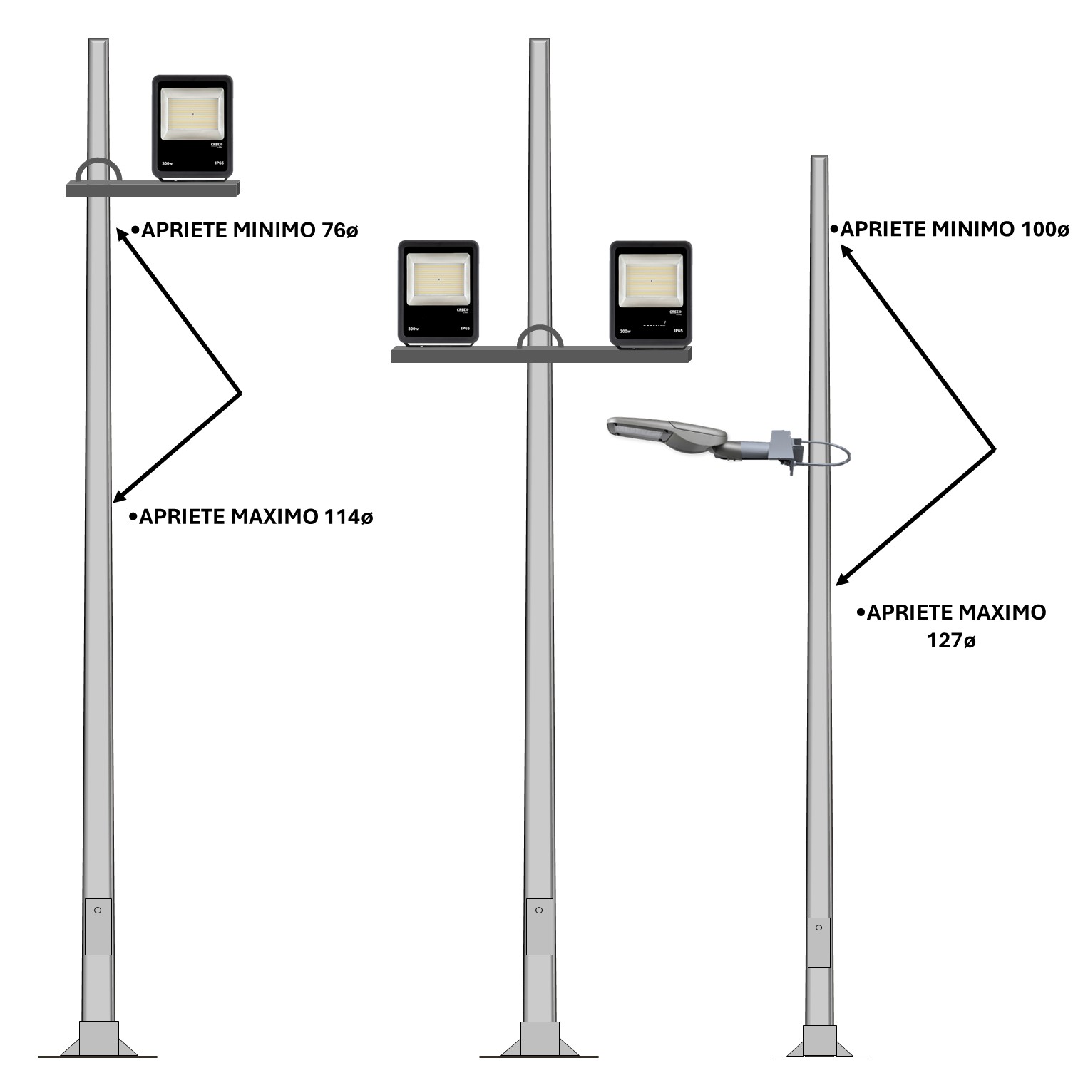 adaptadores para luminarias colocados en distintas columnas con distintos tipos de luminarias