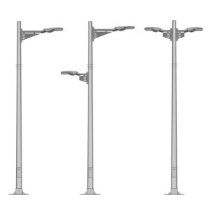 Columna Granada Bora equipada con distintos tipos de brazos y luminarias