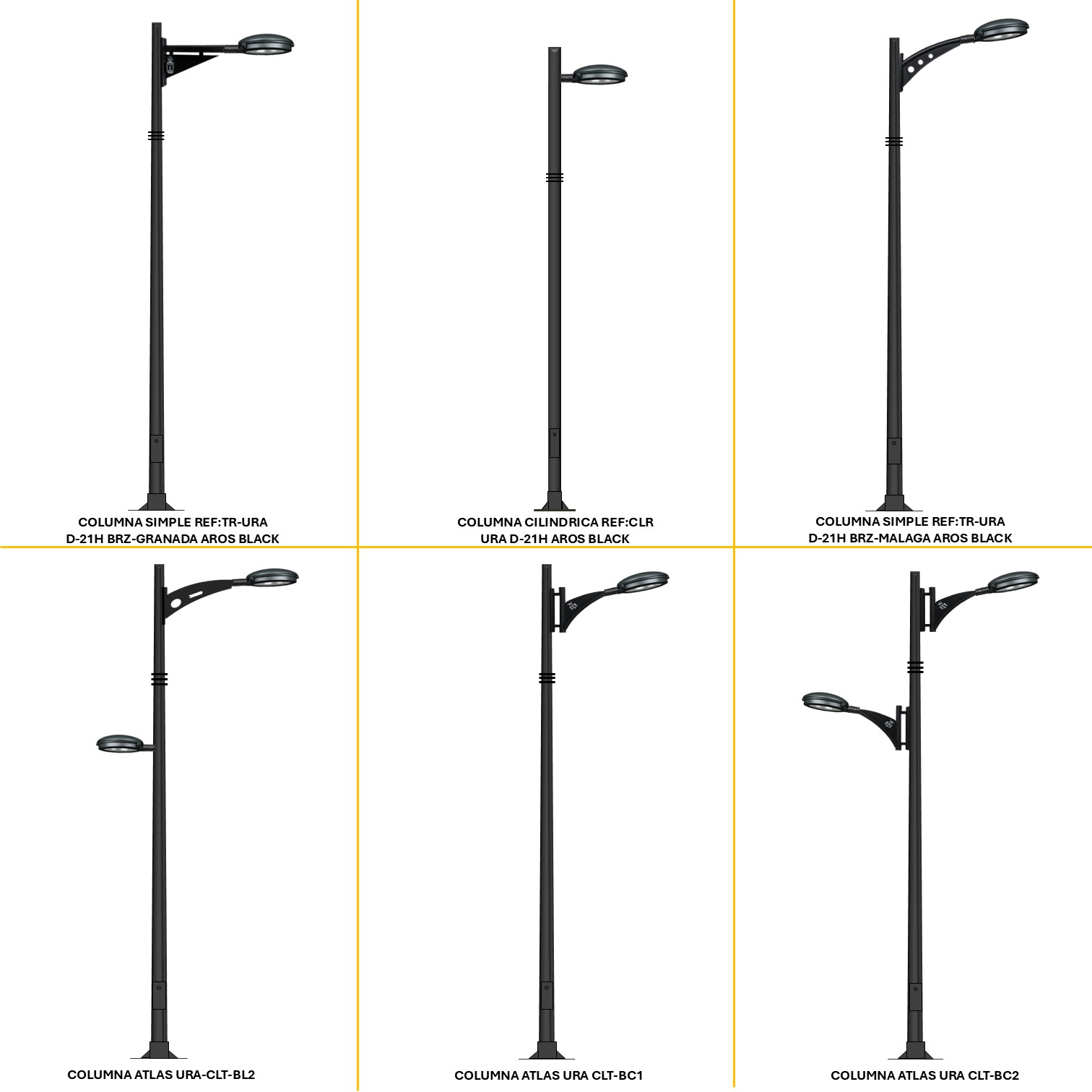 conjuntos disponibles para la luminaria Ura D-21H con columnas y brazos decorativos