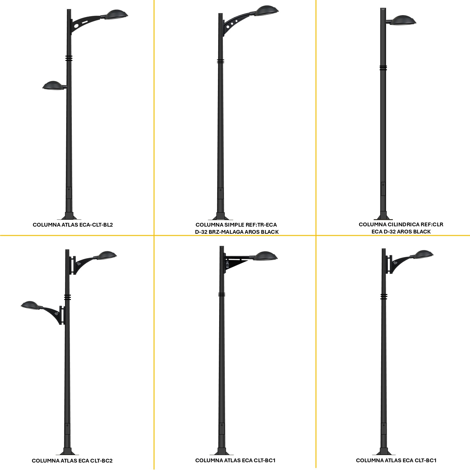 Distintas configuraciones de alumbrado público con Eca D-32 Vial, columnas decorativas y brazos ornamentales