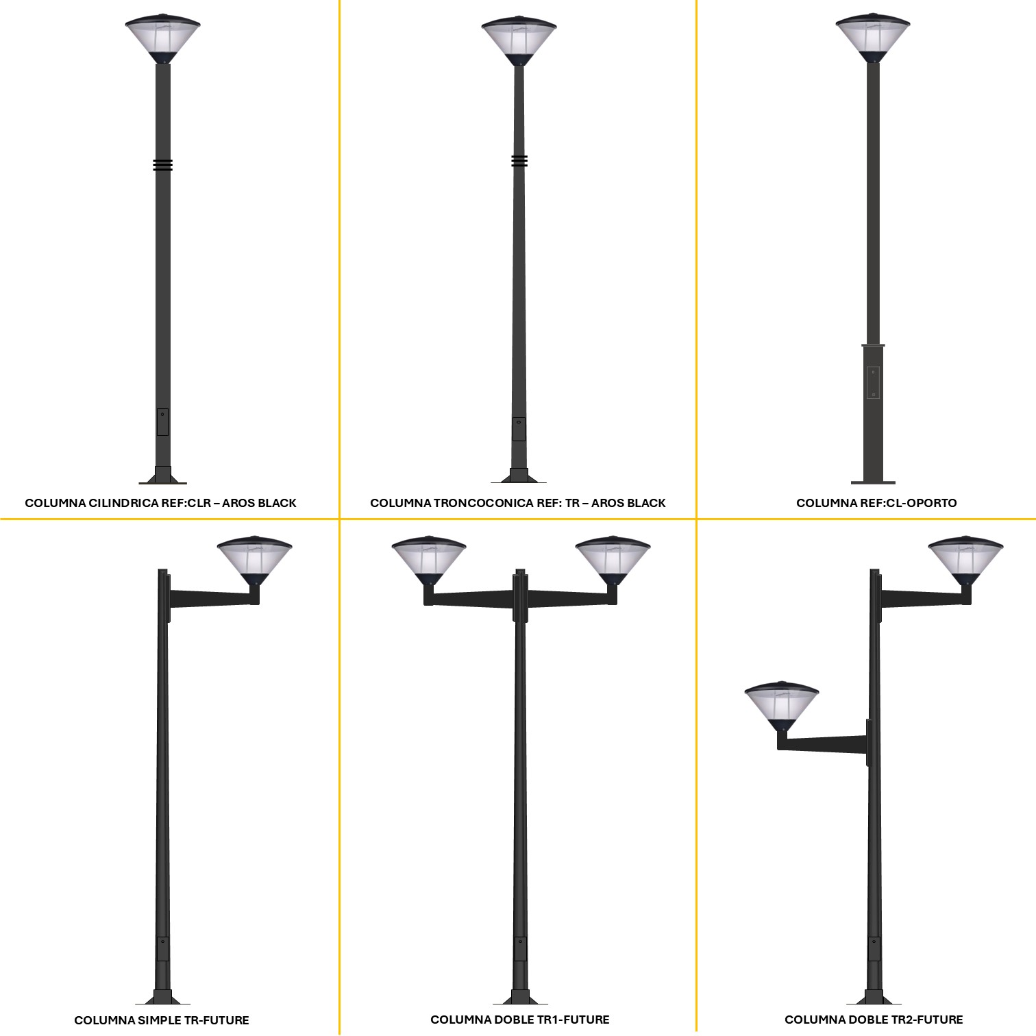 Distintas configuraciones de alumbrado público con Luminaria Diabolo Future T-020A, columnas decorativas y brazos ornamentales
