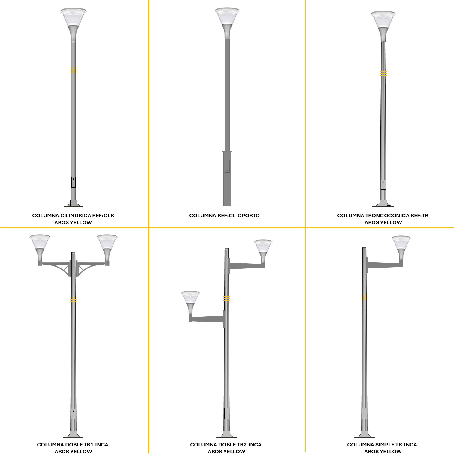 conjuntos disponibles para la luminaria Inca T-190A con columnas y brazos ornamientales 