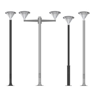 Luminaria T-050 instalada en distintas columnas y equipada en distintos brazos